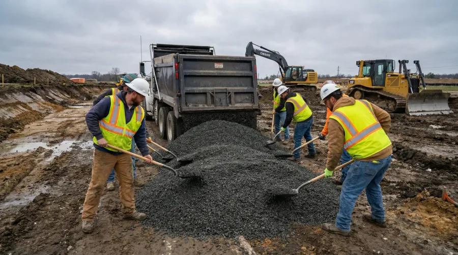 Construction crew working with bulk gravel on site