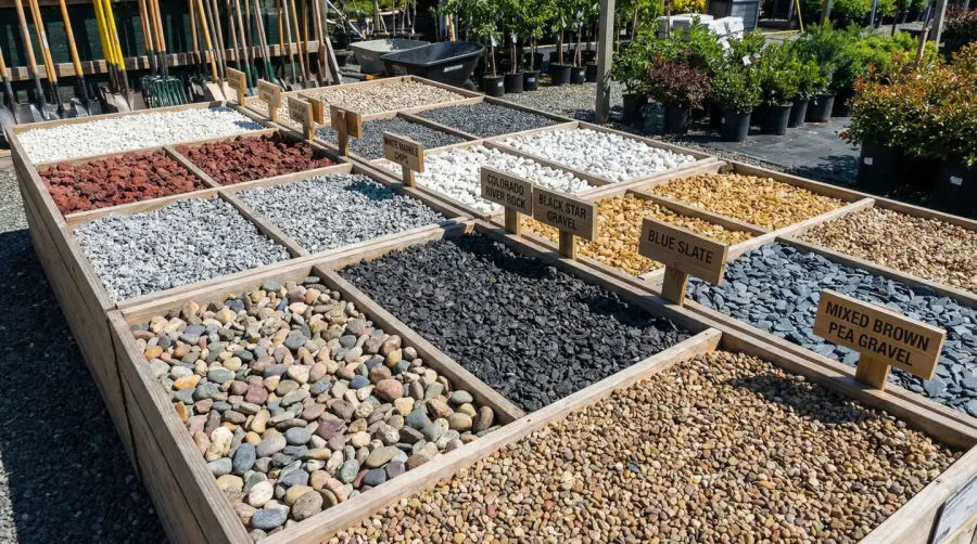 different types of gravel displayed in organized sections showing various colors and textures
