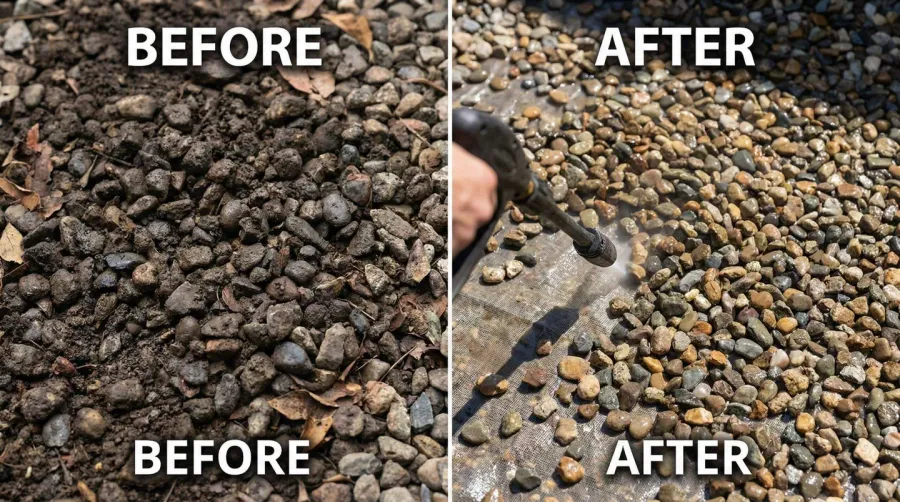 Before and after comparison of clean gravel