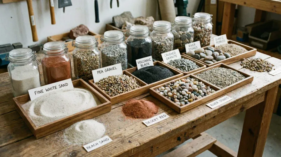 Collection of different sand and gravel samples arranged by type showing texture and color variations