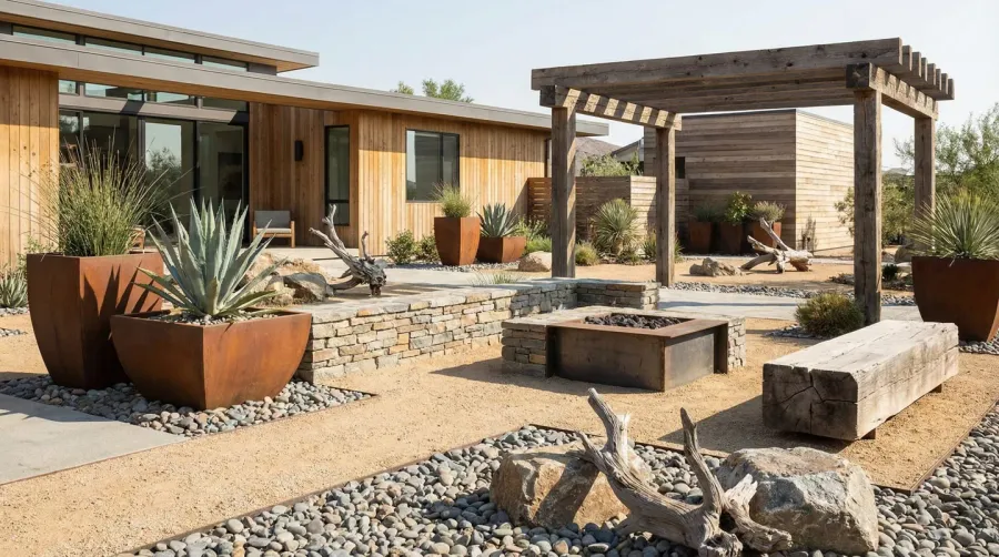 Beautiful sand and gravel yard with modern landscape design