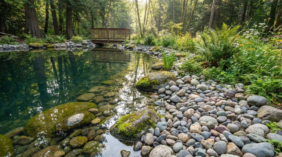 Beautiful pond with river rock border showing natural stone transition from water to landscape