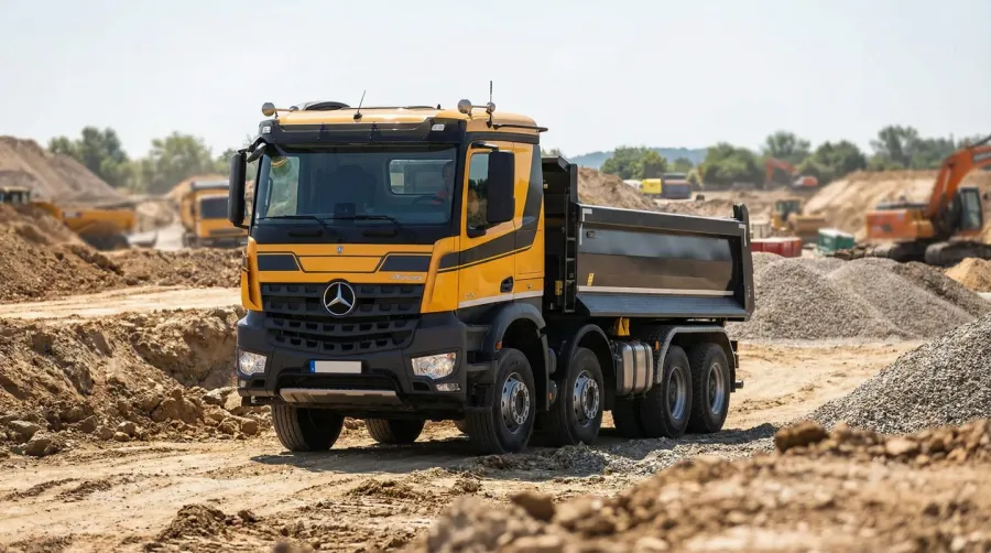 Dump truck on construction site showing wheels and drivetrain