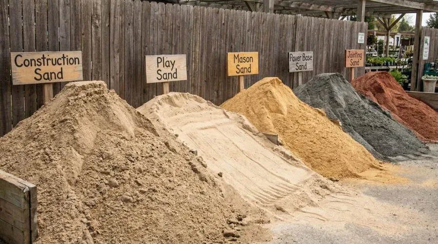 Various types of landscaping sand displayed in piles