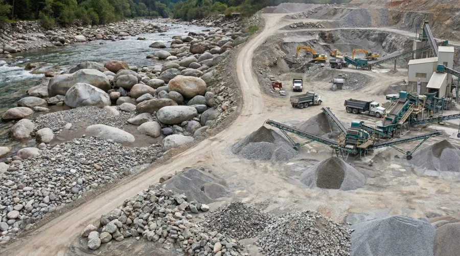 Gravel production process overview showing natural and industrial methods