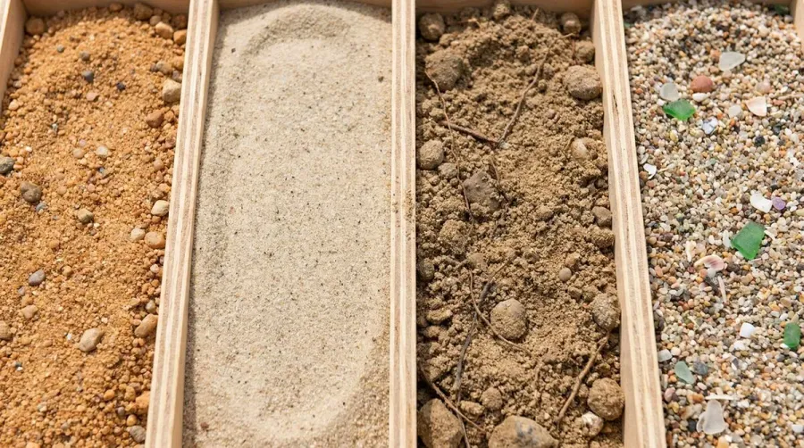 Different types of sand samples showing various textures and colors including masonry sand, play sand, fill sand, and beach sand