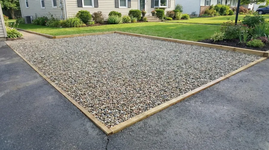 Pea gravel parking pad overview showing completed installation