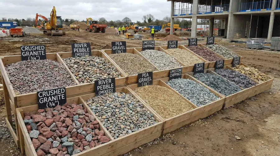 Various types of gravel samples displayed on construction site