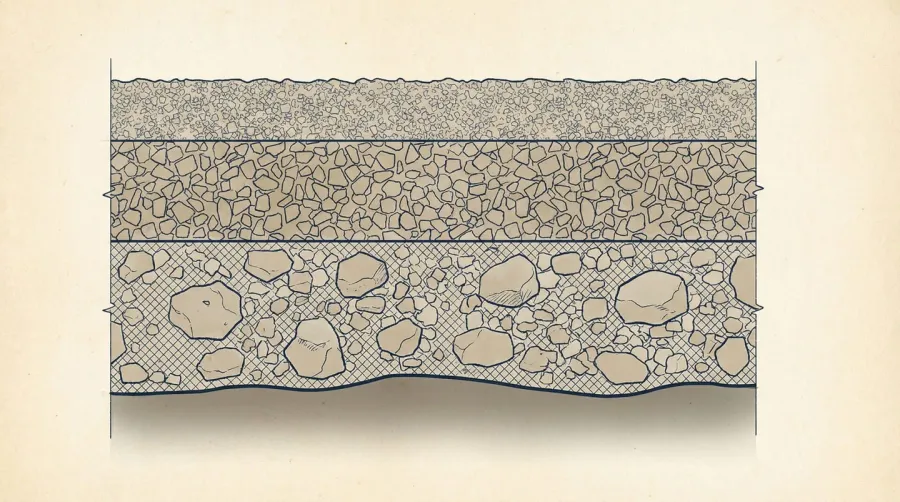 Cross-section diagram showing three-layer driveway system with base, middle, and top layers labeled with different gravel sizes