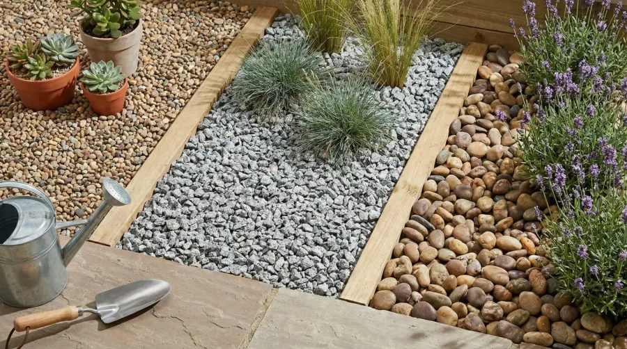 Comparison of different gravel types in garden setting