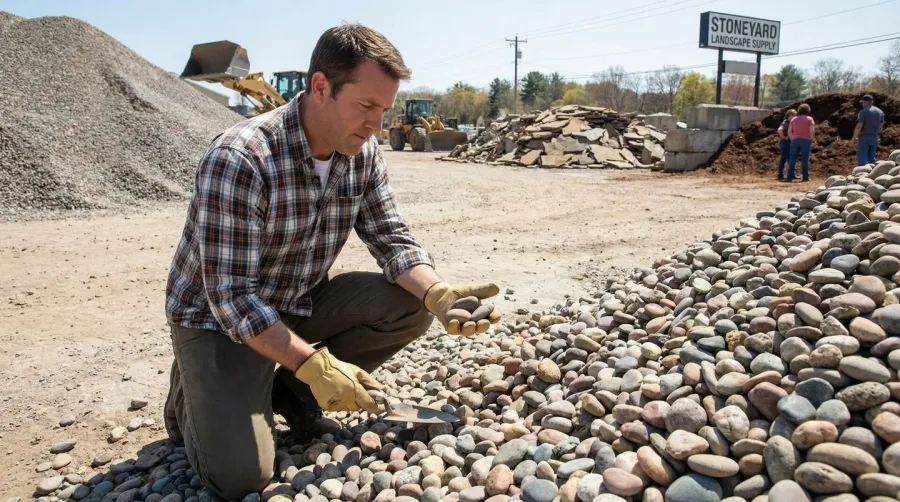 homeowner inspecting river rock quality at supplier yard