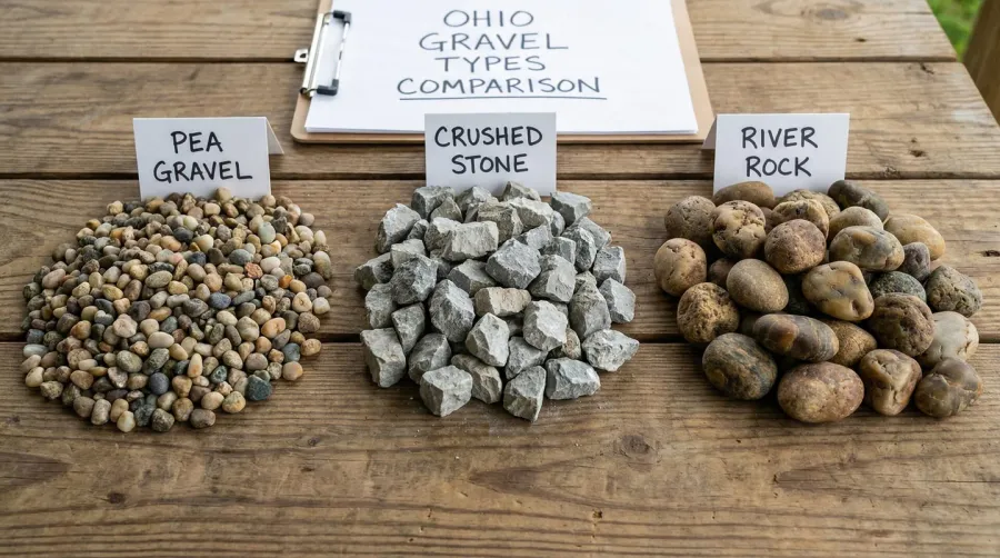Ohio gravel types comparison showing pea gravel, crushed stone, and river rock samples