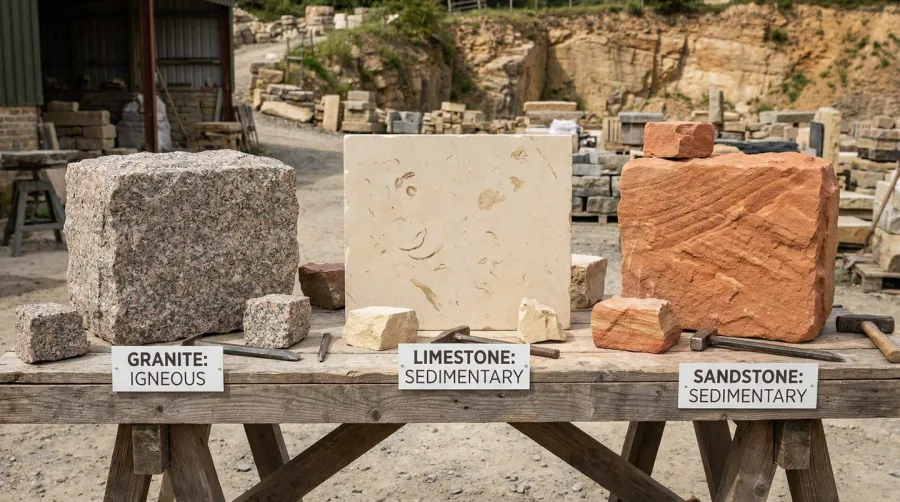 Different types of stone base materials including granite, limestone and sandstone