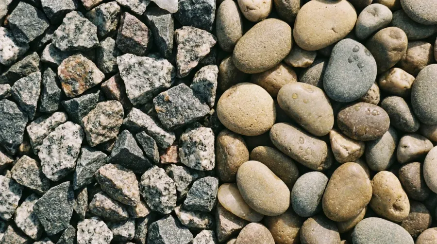 Close-up comparison showing the texture difference between angular crushed stone and smooth rounded pea gravel