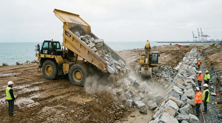 Dump truck delivering riprap stone to construction site
