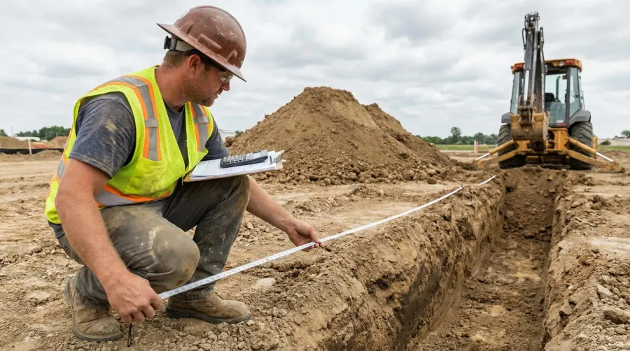Construction worker calculating fill dirt requirements with measuring tape