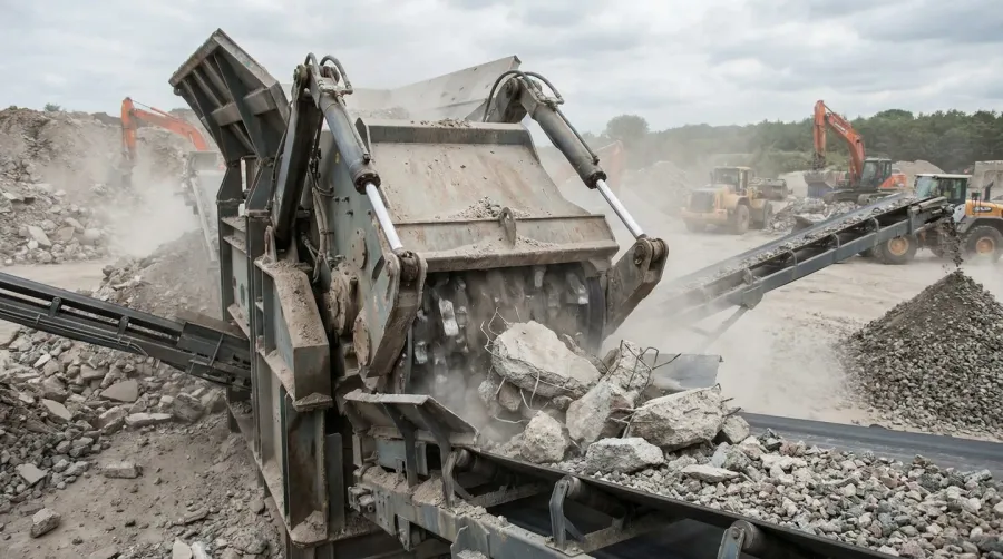 Crushed concrete production process showing recycling machinery