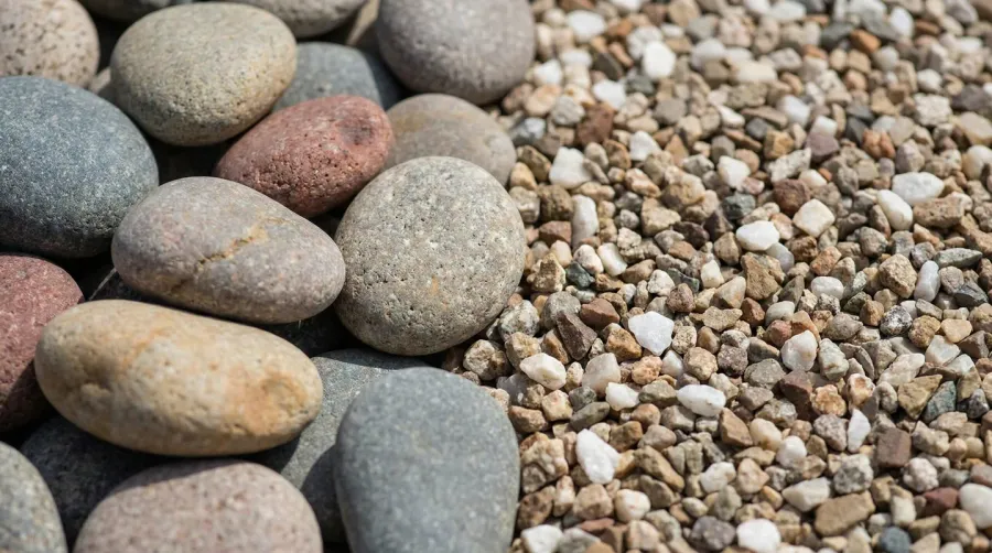 close-up comparison of river rock sizes next to pea gravel showing texture differences