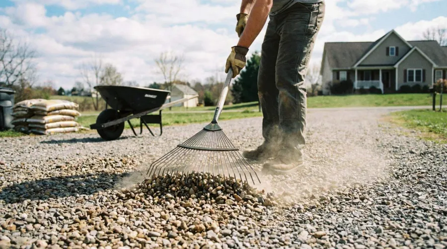 Person Using Rake To Gather Small Rocks Into Pile