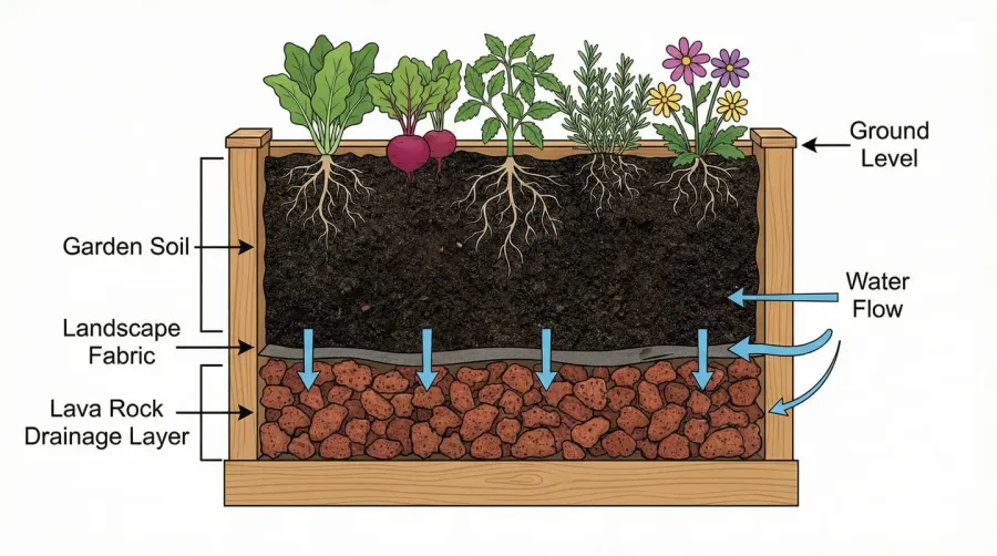 cross-section diagram showing lava rock drainage layer in raised garden bed with soil and plants