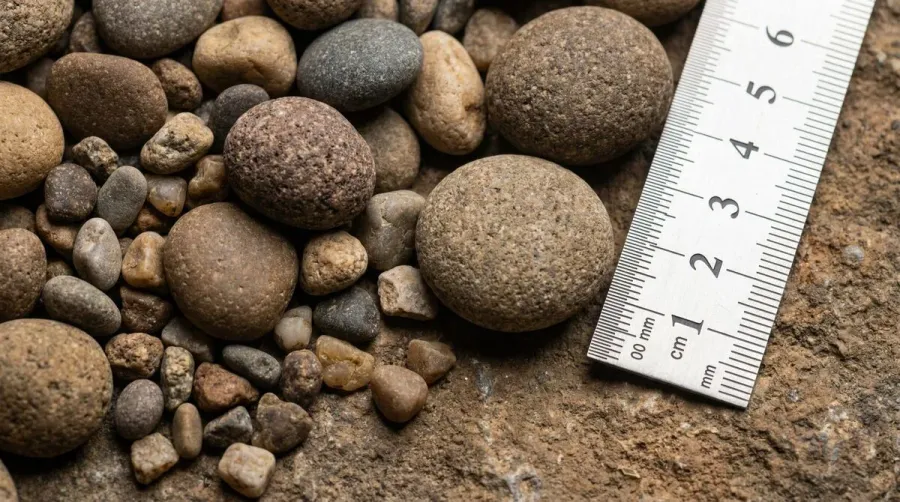 Close-up of different pea gravel sizes with ruler measurement