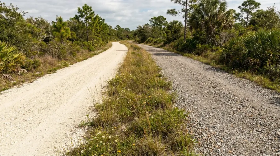 Comparison of bike path surface materials showing crushed coral and gravel side by side