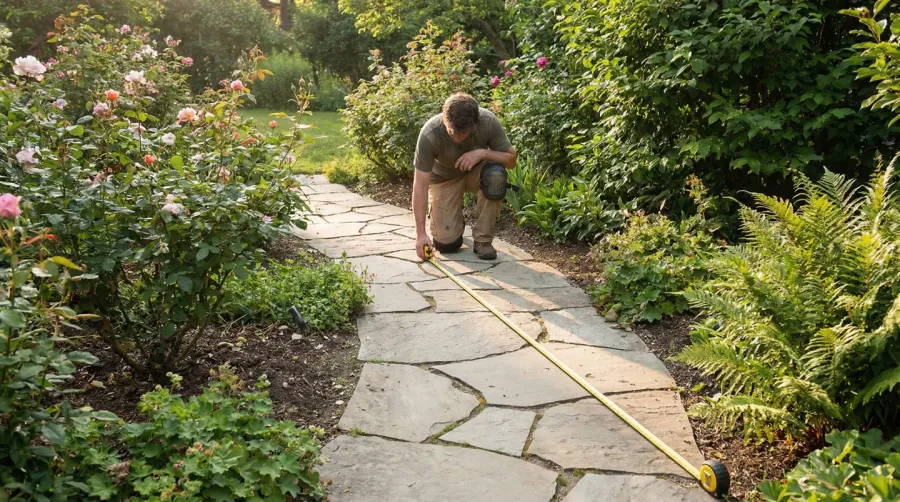 person_measuring_curved_garden_path_with_measuring_tape