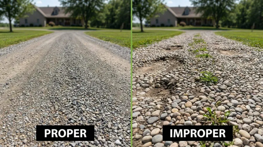 Side-by-side comparison showing proper vs improper gravel grade selection for a driveway
