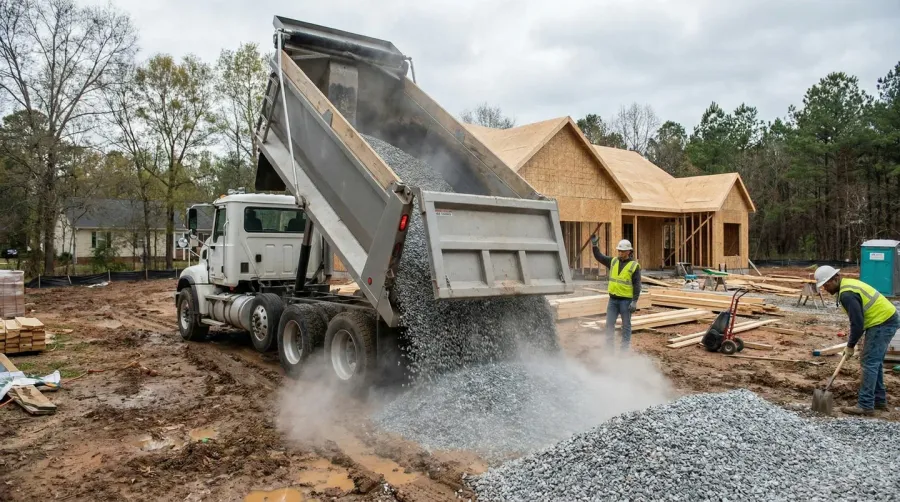 Gravel delivery truck unloading materials at a residential construction site