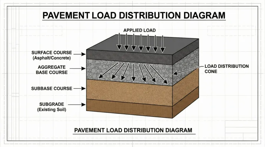 Cross-section diagram showing pavement layers with aggregate base course distributing loads from surface to subgrade