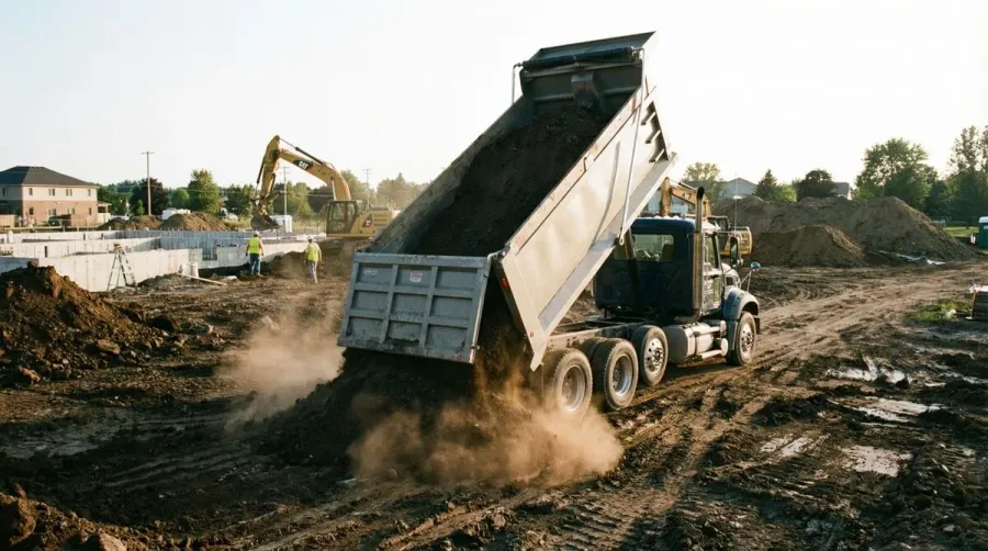 dirt truck delivering soil to construction site
