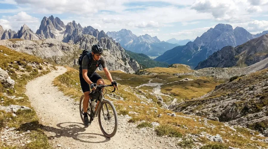 Gravel cyclist on scenic mountain trail with dramatic landscape