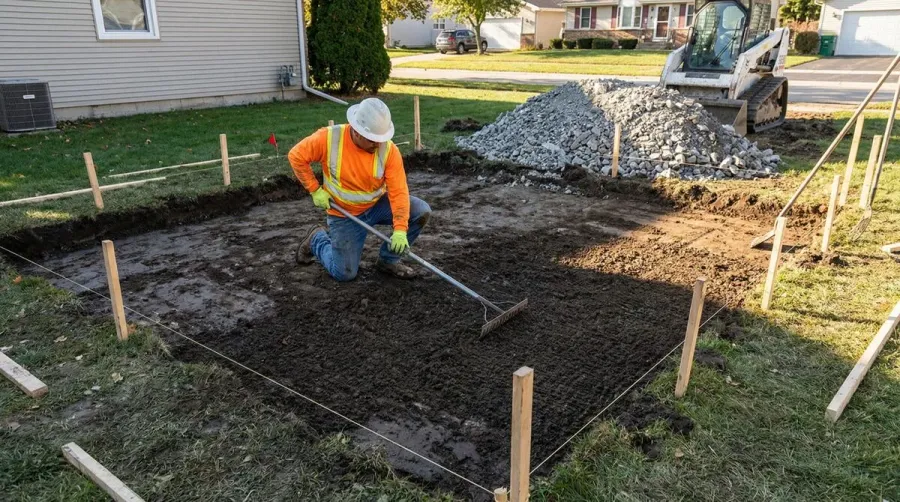 excavated area being leveled with a rake, showing proper preparation before crushed concrete installation