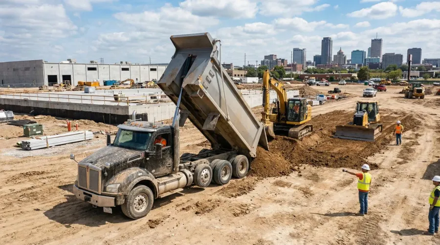 Construction site with fill dirt being delivered by dump truck