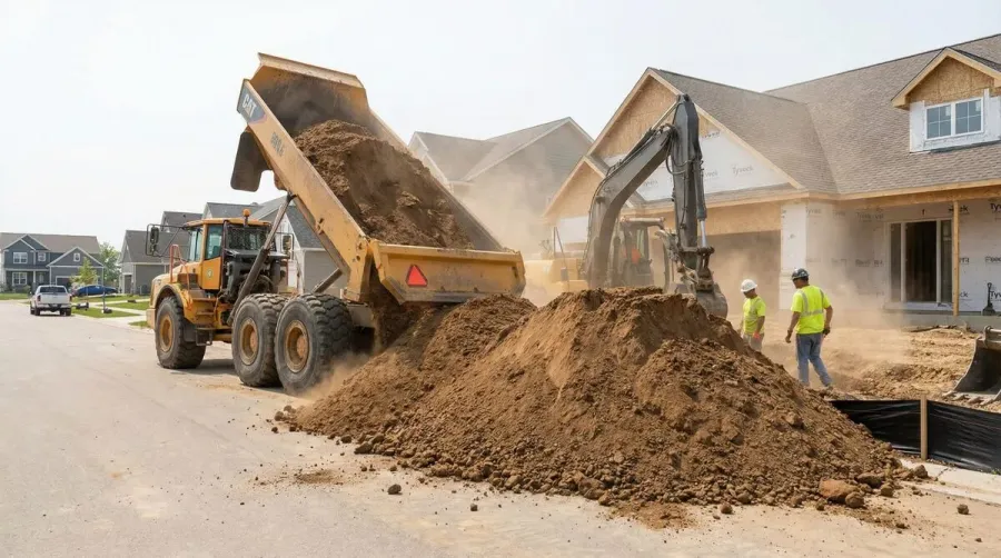 Construction site with dump truck delivering fill dirt to a residential property showing volume and scale