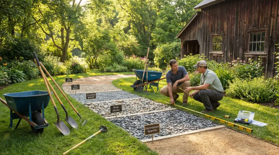 Garden Path With Aggregate Materials And Measuring Tools