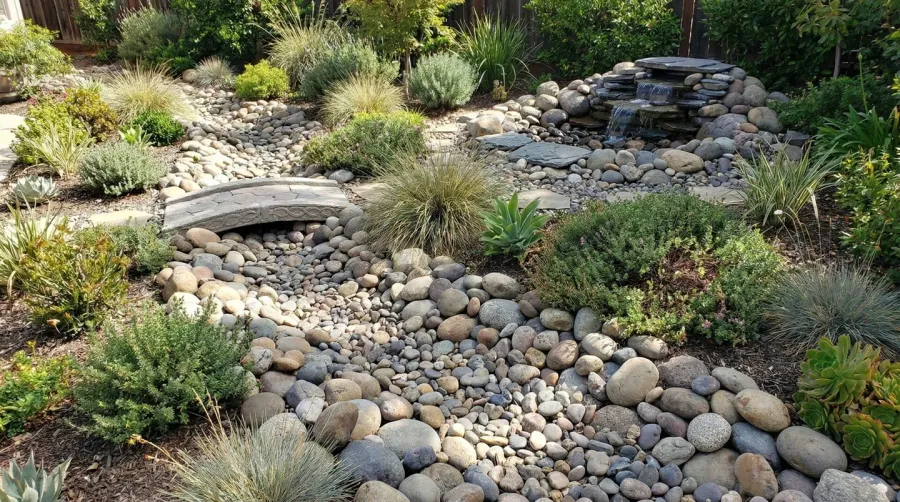 River rock dry creek bed landscaping feature