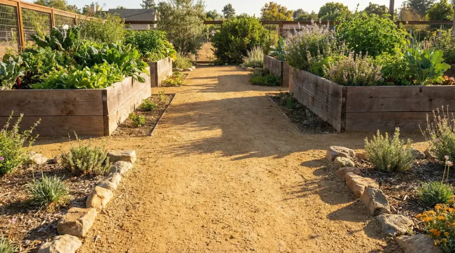 Decomposed granite pathway between raised garden beds