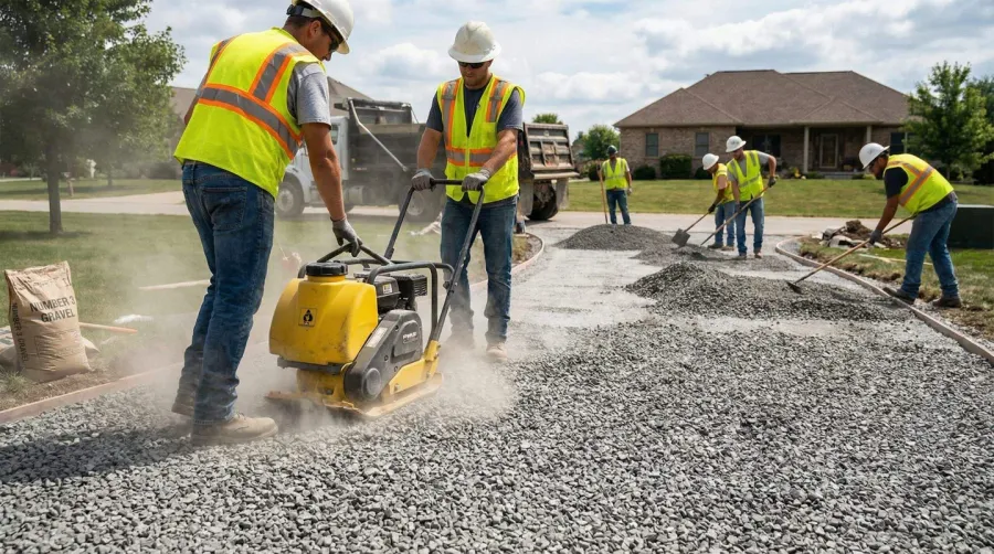 Driveway installation showing number 3 gravel being spread and compacted