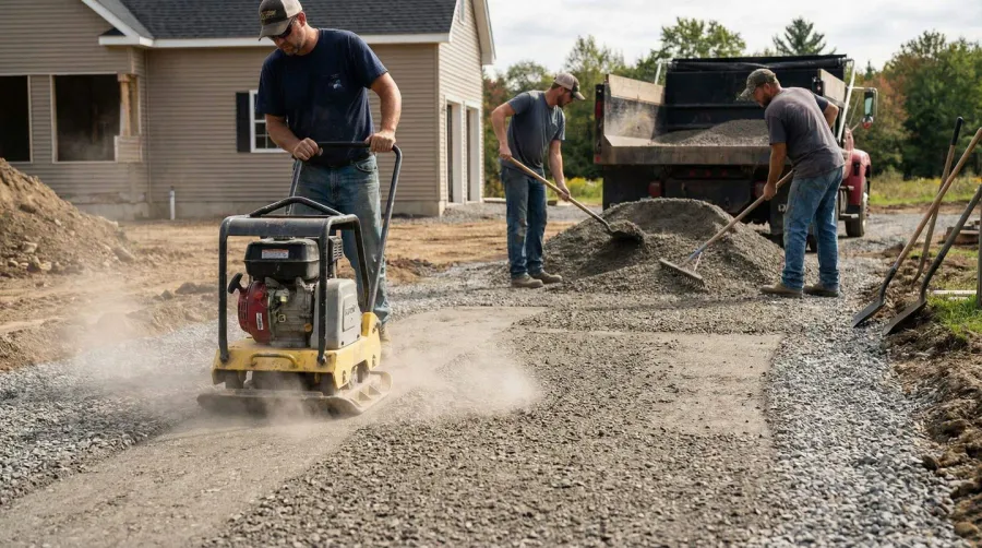 Gravel screenings installation process with compaction equipment