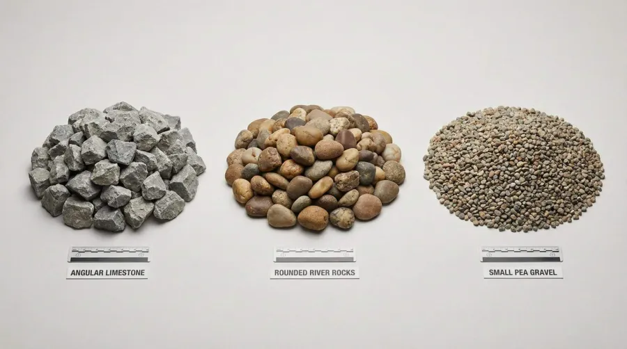 Comparison of different concrete aggregates: limestone, river rock, and pea gravel
