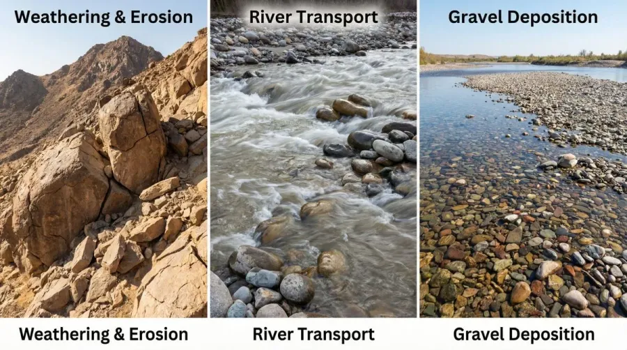 Natural gravel formation process showing weathering and erosion of rocks