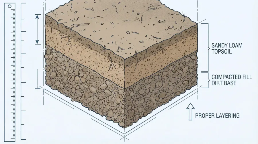 cross-section diagram showing proper layering of fill dirt as base with sandy loam on top