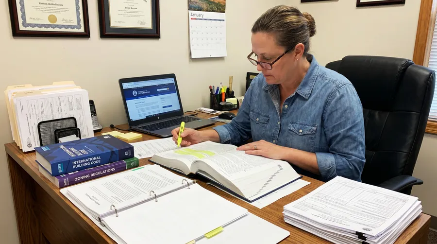person studying construction codes and regulations at desk with licensing materials