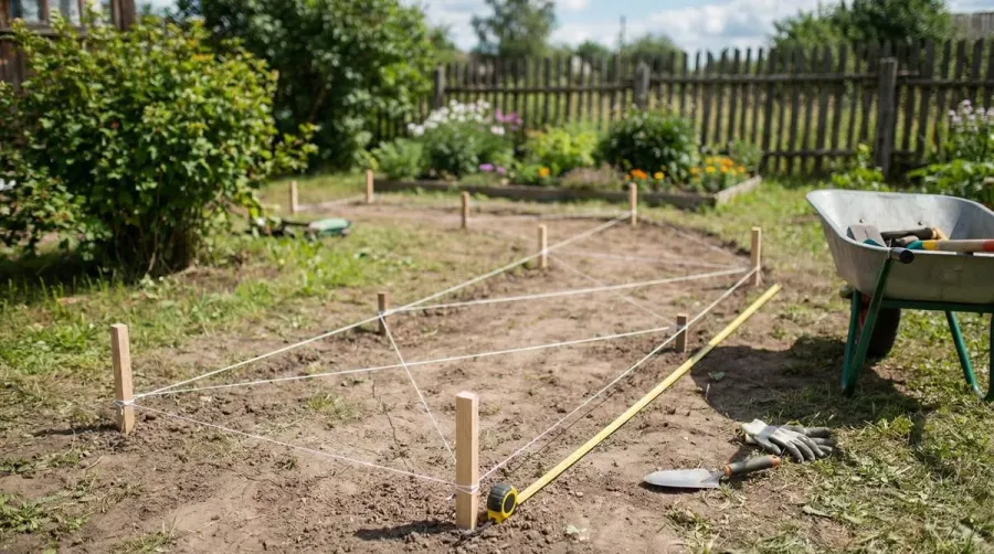 Garden path measurement with stakes and string