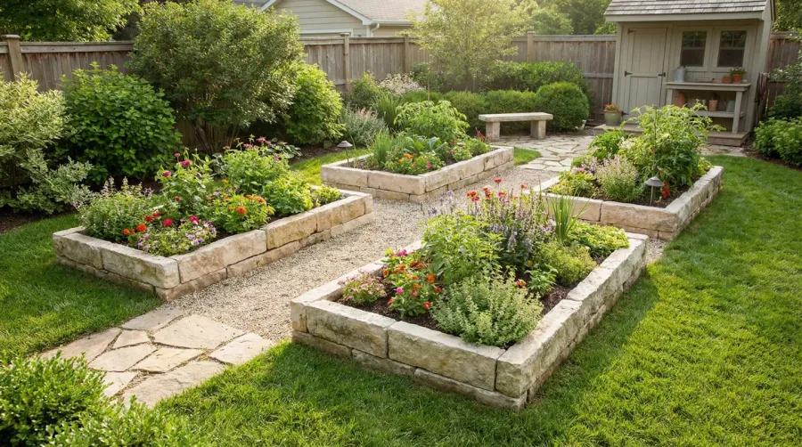 Limestone raised garden beds in backyard setting