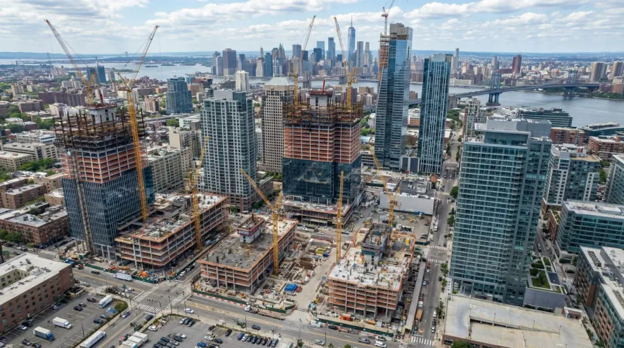Aerial view of major US city construction sites with cranes and modern buildings