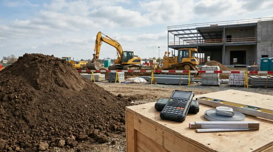 Fill dirt calculator with construction equipment and measuring tools