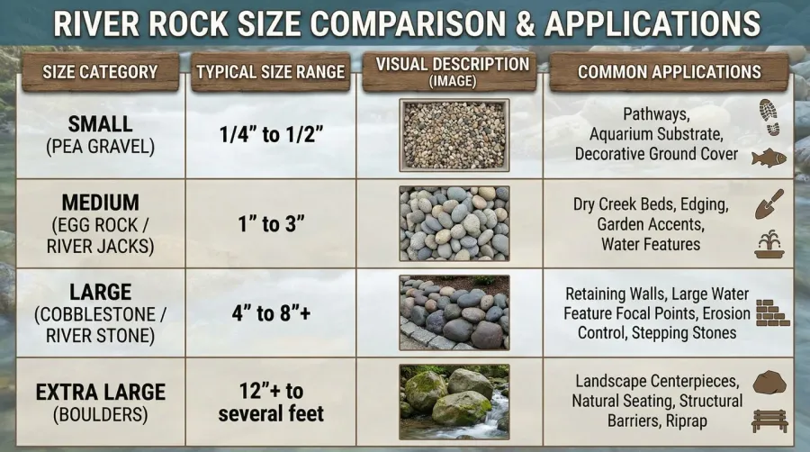 river rock size comparison table showing different applications