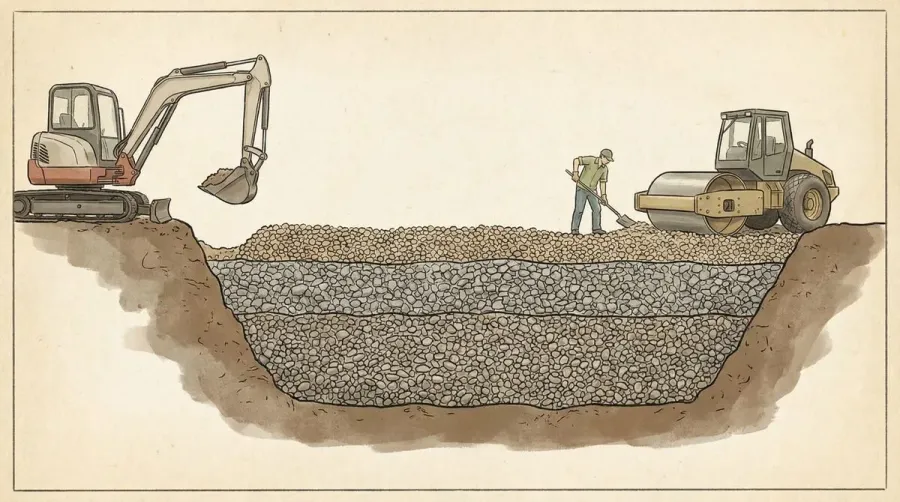 Pea gravel driveway installation process showing layers